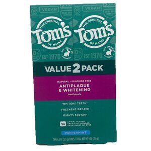 2PACK Tom's of Maine Fluoride Free Antiplaque  Whitening Natural Toothpaste USA